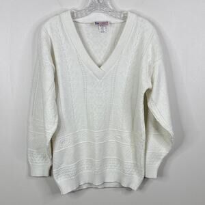 Vintage American Pride White Knit V-Neck Sweater Women's Medium Diamond Pattern